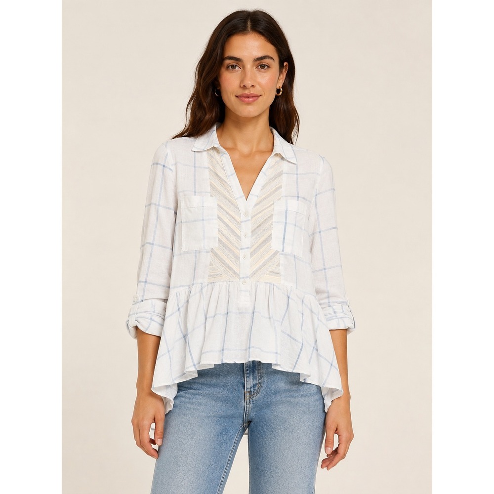 Maeve Anthropologie Plaid Peplum Blouse White Blue Lace Trim Button Down Top 2